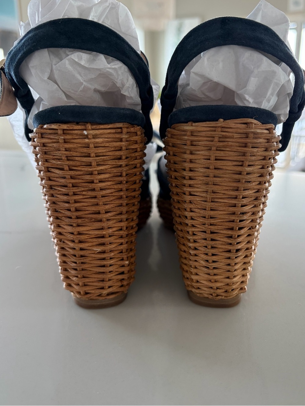 Kate Spade New York Navy Blue Suede Bow Wicker Wedge Espadrille Sandals Size 9 - Picture 10 of 16